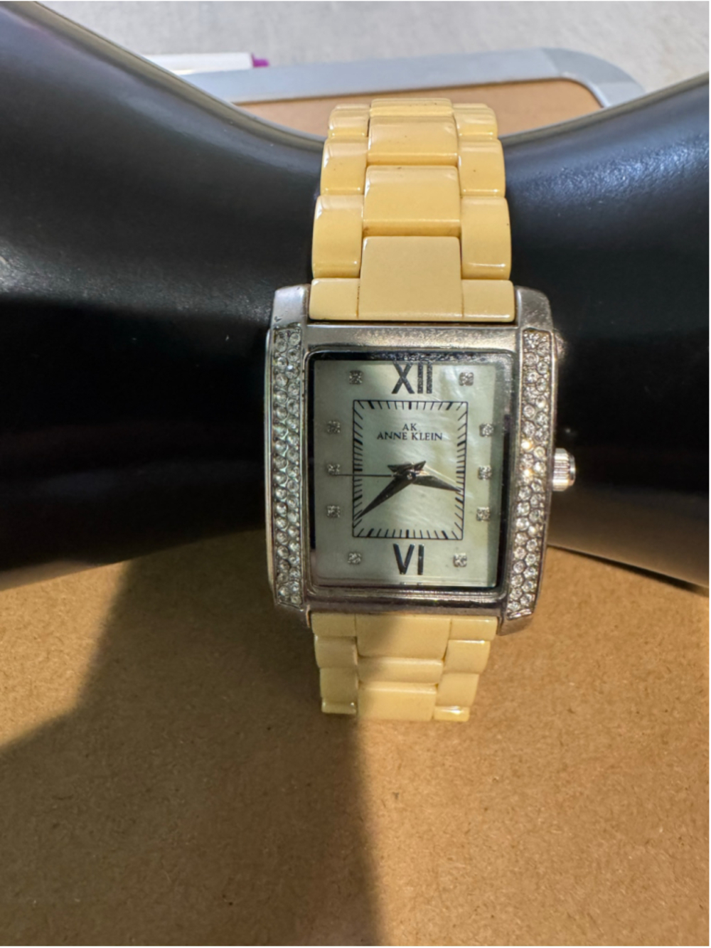 Women's Anne Klein Watch Beige Silver Tone Rectangular Crystal Accents